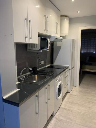 a kitchen with a sink and a refrigerator at Apartamento Pasaje in Seville