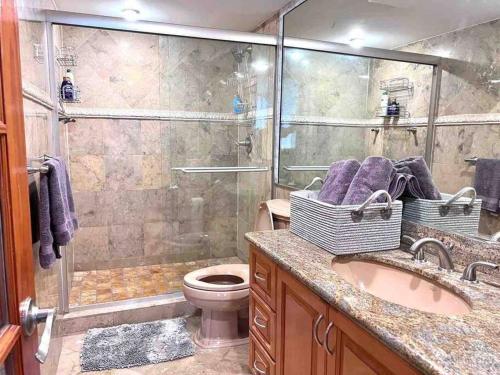 a bathroom with a shower and a sink and a toilet at 2BD Close to views Sky-Rise 14 in Miami