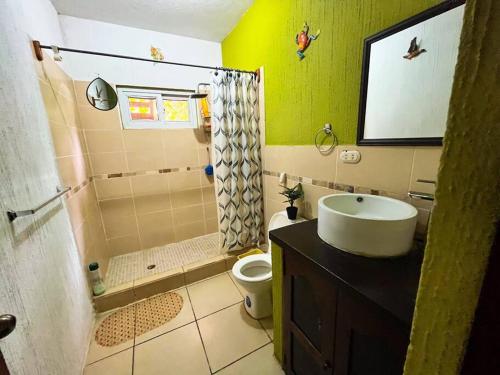 La salle de bains est pourvue d'un lavabo, de toilettes et d'une douche. dans l'établissement El encanto tropical, a minutos del IRTRA, à Ajaxá