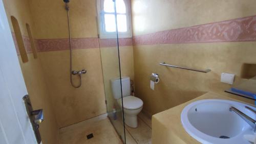 a bathroom with a toilet and a sink and a shower at Riad Al Afrah in Id Chahadene
