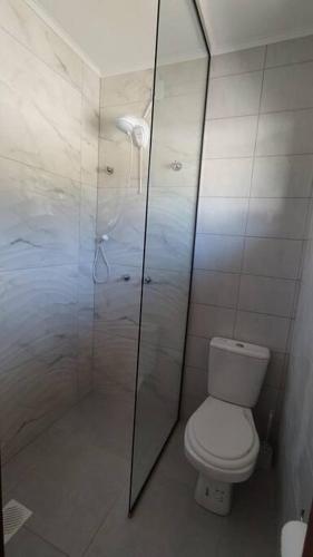 a bathroom with a toilet and a shower at Cabana Linha Brasil in Nova Petrópolis