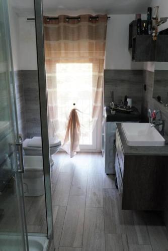 a bathroom with a shower and a toilet and a sink at Zephyr B&B apartment in Novi Ligure