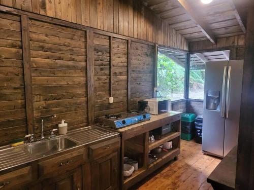 a kitchen with wooden walls and a sink and a refrigerator at Cozy cabin with fireplace in San José