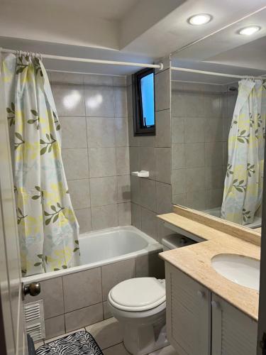 a bathroom with a tub and a toilet and a sink at Departamento Central in Santiago