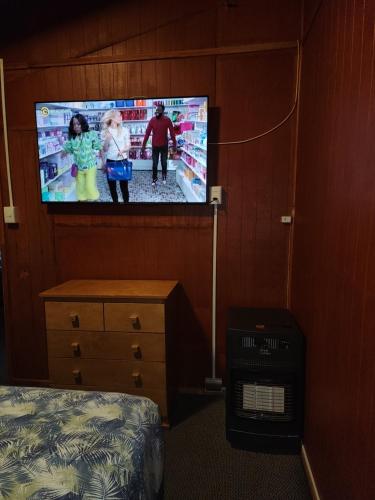 1 dormitorio con TV de pantalla plana y 1 cama en Hostal Capricho de Carlitos, en Valdivia