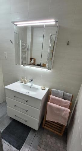 une salle de bain avec un lavabo blanc et un miroir dans l'établissement 2p lumineux au Cœur de Strasbourg, à Strasbourg