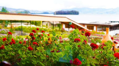 a garden with red flowers in front of a building at Hotel El Camino Real in Aquitania