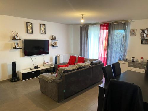 ein Wohnzimmer mit einem Sofa und einem TV in der Unterkunft Chambre chez lhabitant in Toulouse