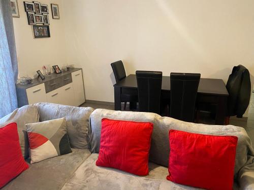 ein Wohnzimmer mit einem Sofa mit vier roten Kissen in der Unterkunft Chambre chez lhabitant in Toulouse