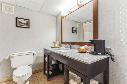 a bathroom with a toilet and a sink with a mirror at Comfort Inn Grantsville-Deep Creek Lake in Grantsville