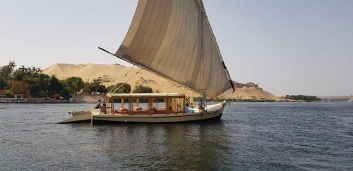 a boat with a large sail in the water at Adad Noubian House in Aswan