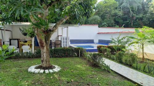 un árbol en un patio con piscina en Casa vacacional con Jacuzzi privado y BBQ, en Carmen de Apicalá