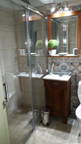 a bathroom with a shower and two sinks and a toilet at Posada de Campo San Cono in Mercedes