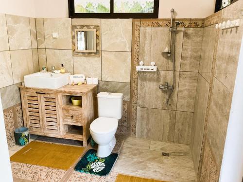 W łazience znajduje się toaleta, prysznic i umywalka. w obiekcie RURUTU - Are Itimaana Fare w Rurutu