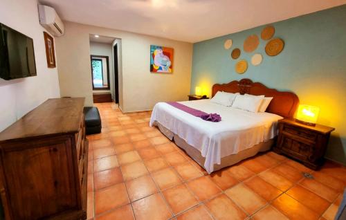 a bedroom with a bed and a television in it at Hotel Holly in Mérida