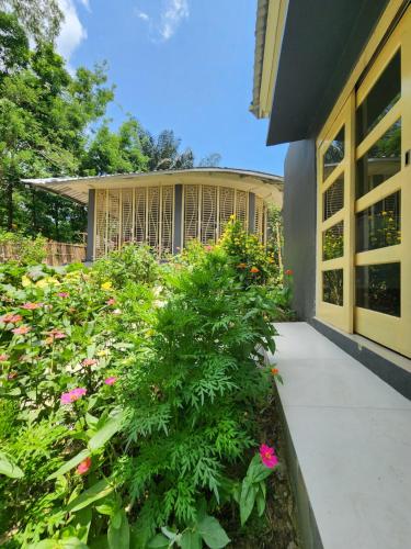 a garden in front of a building with pink flowers at D'flora Bungalow & Glamping in Noca