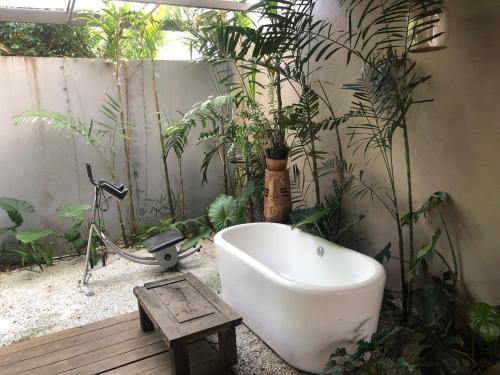 uma casa de banho com banheira e vasos de plantas em Departamento de lujo, exclusivo Terraza y jardín gh02 em Guadalajara