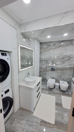 a bathroom with a sink and a washing machine at Аэропорт Кишинев 24&24 in Chişinău