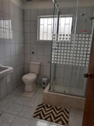 a bathroom with a shower and a toilet and a sink at Bahía Inglesa arenas blancas y aguas turquesa in Caldera