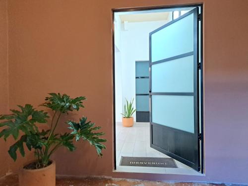 a mirror in a room with a laptop and plants at Habitación Chalini in Cholula