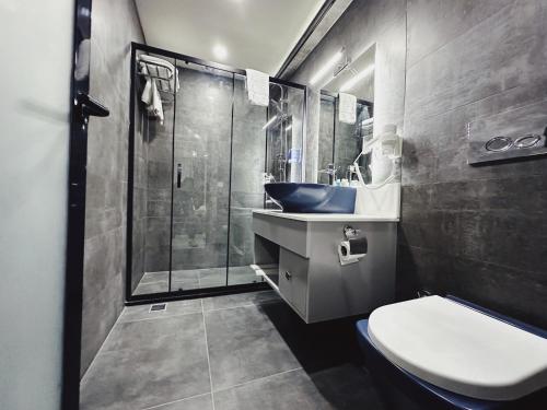 a bathroom with a shower and a toilet and a sink at Kadıköy Duck hotel in Istanbul