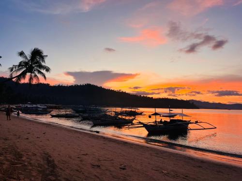 a group of boats on the beach at sunset at La Palapa Inn Port Barton in San Vicente