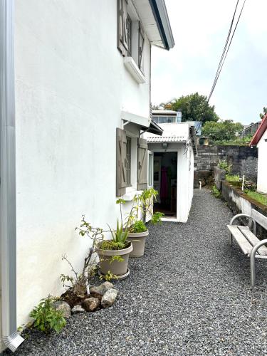 a white house with potted plants on the side of it at Maison vue mer chaleureuse et confortable in Petite Île