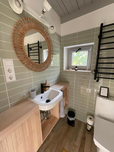 a bathroom with a sink and a mirror at Fotel home in Csókakő
