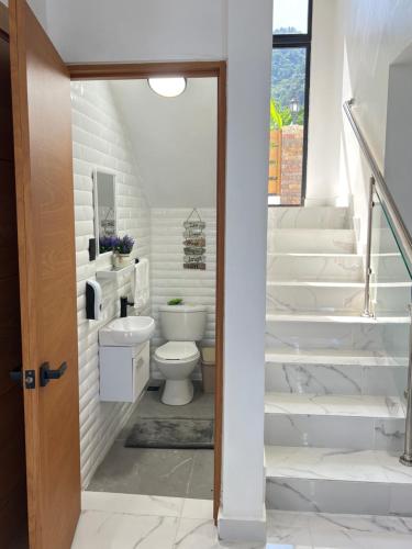 a bathroom with a toilet and a staircase at The Grand Chalet in Jarabacoa