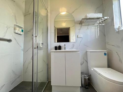 a bathroom with a toilet and a sink and a shower at Benson Court Motel in Brisbane