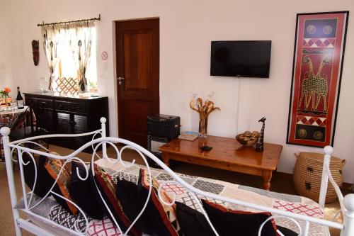 ein Wohnzimmer mit einem Bett und einem TV in der Unterkunft Sebakwe in Dullstroom