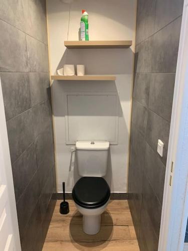 ein kleines Bad mit WC und schwarzem Sitz in der Unterkunft Studio Le flocon in Vars