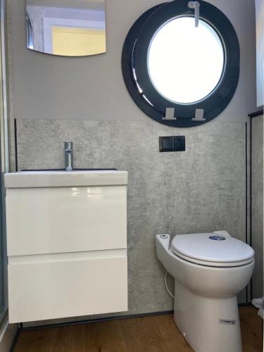 a bathroom with a toilet and a sink and a mirror at Hausboot Celina in Werder