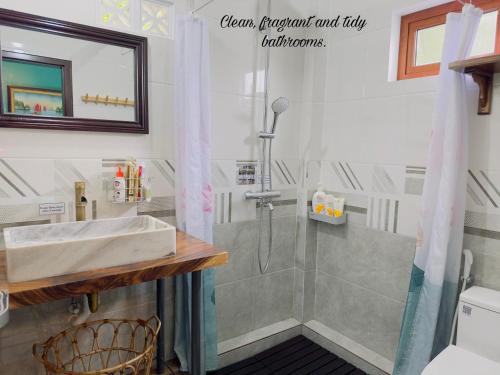 La salle de bains est pourvue d'une douche et d'un lavabo. dans l'établissement An Homestay-Super king size bed-Dunlopillo soft spring mattress-Vietnamese big breakfast, à Cat Ba