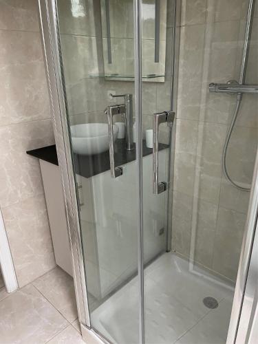 une douche avec une porte vitrée dans une salle de bain dans l'établissement Villa with swimming pool 500 m from the beach, à Moliets-et-Maa