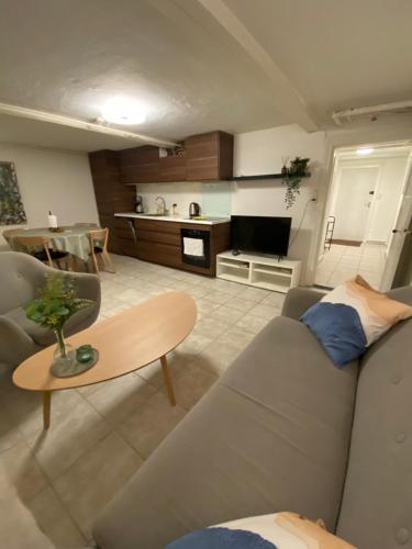 un soggiorno con divano e tavolo di Nice apartment in Odense a Odense