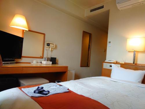 Habitación de hotel con cama y escritorio con espejo. en Aomori Green Park Hotel Annex en Aomori