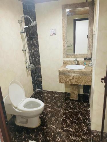 a bathroom with a toilet and a sink at نخلة الصحراء للشقق المخدومة in Al Nairyah