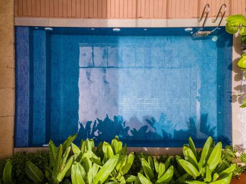 a blue wall next to a bunch of green bananas at Nhãn Stay in Hue