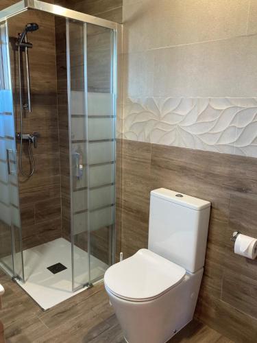 a bathroom with a toilet and a shower at A Quinta de Bouzas in Mazaricos