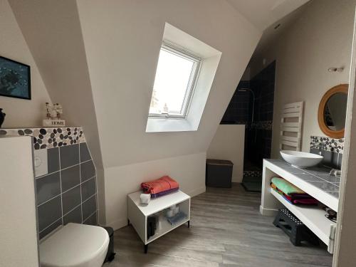 a bathroom with a toilet and a sink and a window at Les toits d'Albatre in Dieppe