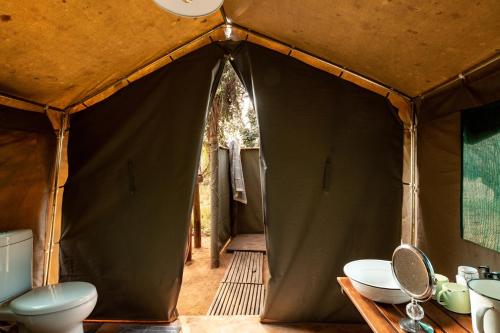 a green tent with a toilet and sinks in it at Nkula Camp - Pafuri Walking Safari's in Makuleke Contract Park
