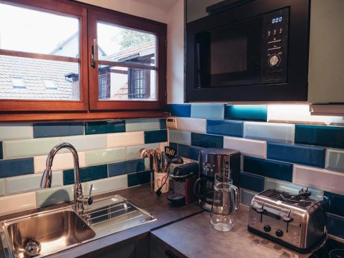 eine Küche mit blauen und weißen Fliesen an der Wand in der Unterkunft Liberté · Magnifique maison proche Strasbourg in Schiltigheim