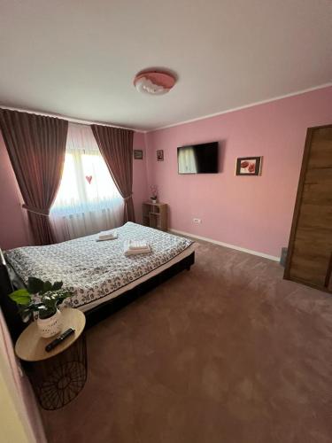 a bedroom with a bed in a pink room at Apartament Ingrid in Piatra Neamţ