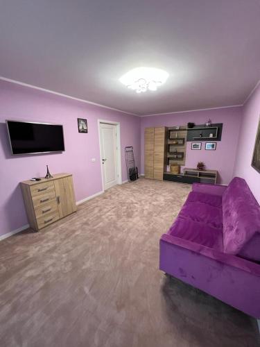 a living room with a purple couch and a tv at Apartament Ingrid in Piatra Neamţ