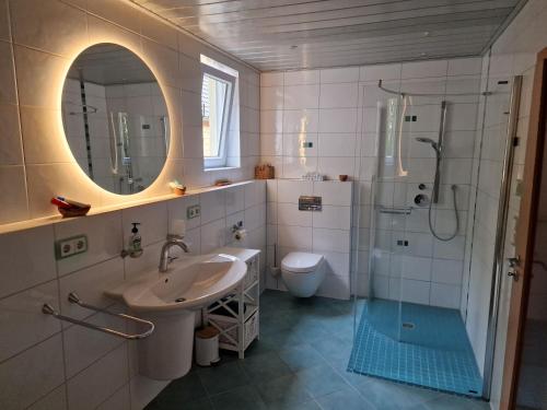 a bathroom with a sink and a toilet and a mirror at Ferienwohnung Halbig in Absberg