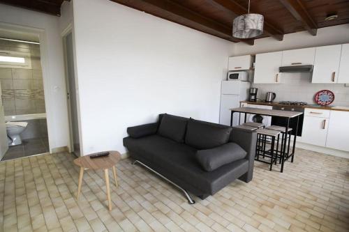 un salon avec un canapé et une cuisine dans l'établissement Joli T2 rénové / WIFI / Grand parking privé, à La Couronne