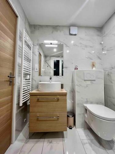 une salle de bain avec un lavabo et des toilettes dans l'établissement Magnifique appartement -2min gare 5min plage, à Vallauris