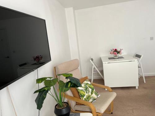 a living room with a chair and a flat screen tv at Town centre White House in Bournemouth