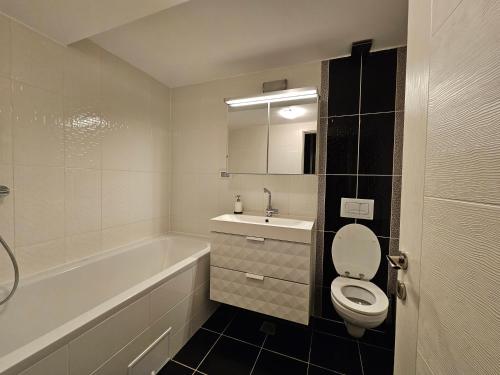 La salle de bains est pourvue de toilettes, d'un lavabo et d'une baignoire. dans l'établissement Manolaire Airport Residence, à Otopeni